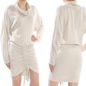 Free People Sundown Cowl Neck Mini Dress Long Sleeve Knit Ruched Beige Large